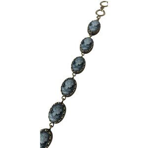 Blue Cameo Bracelet Antique Bronze Tone Toggle Clasp 8.5” Fits 7.5” Wrist